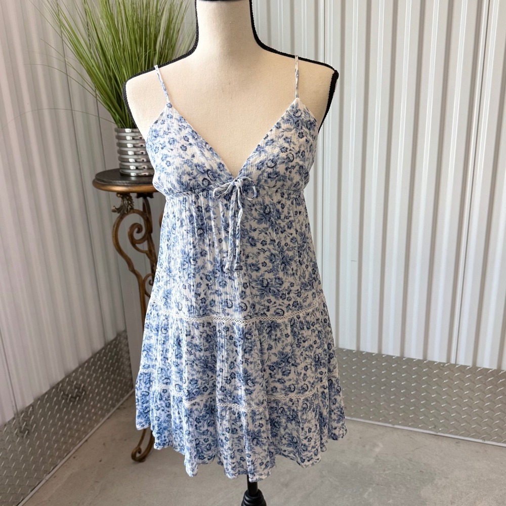 Garage Mini Dress Womens Medium Blue Floral Excellent Tiered Babydoll Smocked